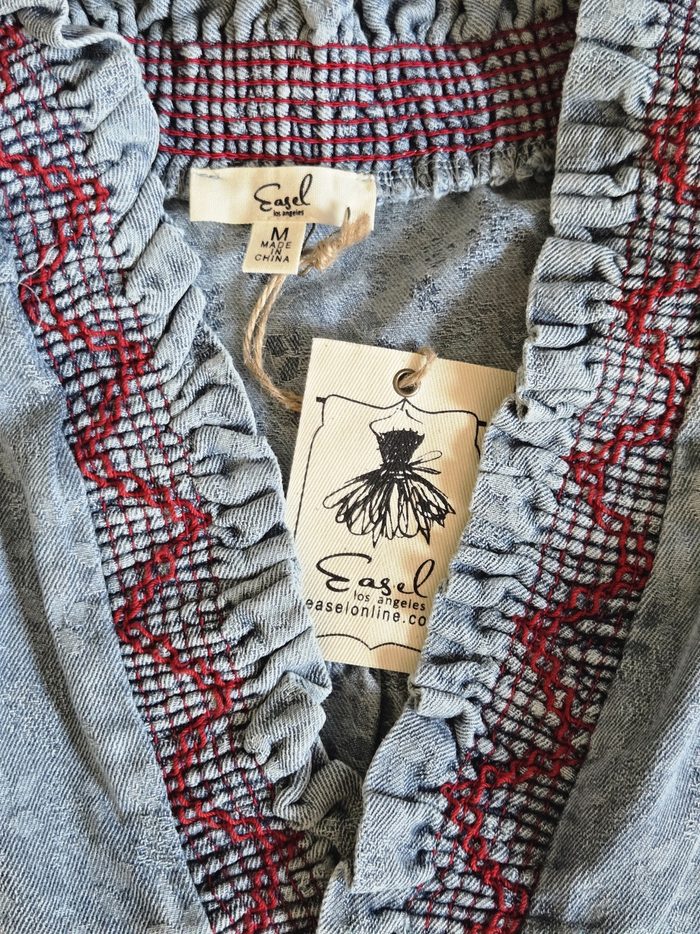 NWT Easel Light Blue Smocked Top with Red Embroidery